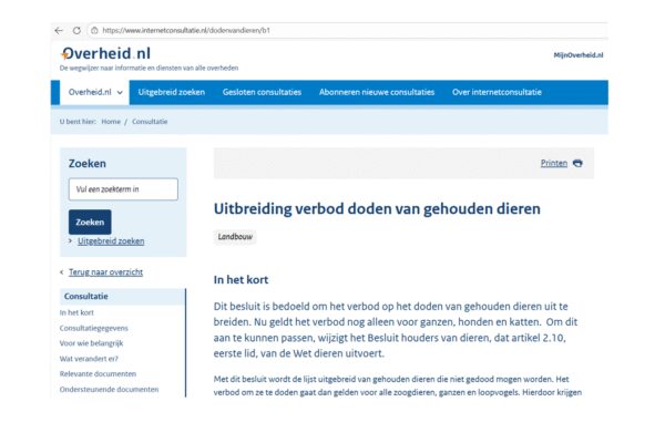 Zienswijze KleindierNed verbod doden van dieren
